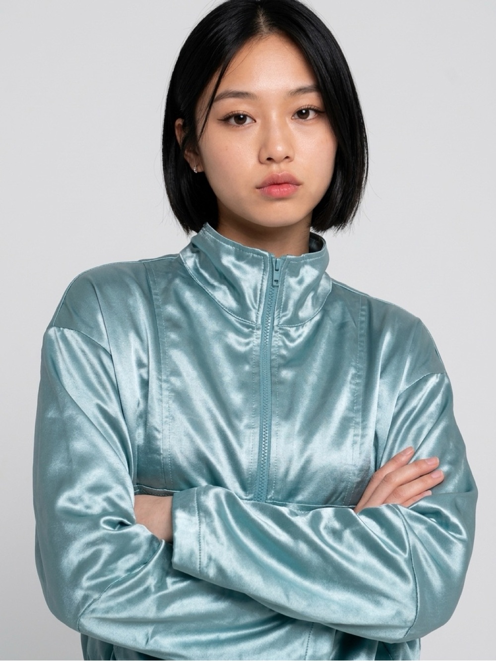 Satin Light Teal Quarter-Zip Jacket - Women's